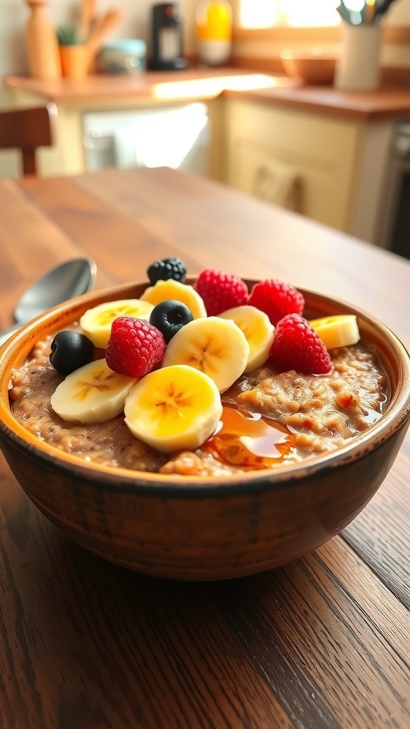 A bowl of Quaker red oatmeal with banana and berries on a wooden table.